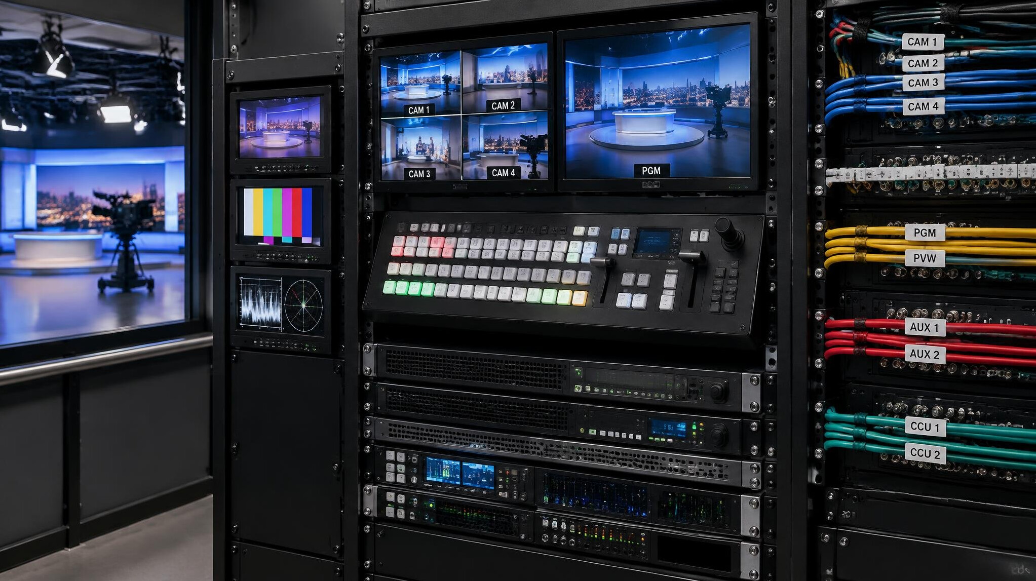 Studio equipment rack with cables and monitors