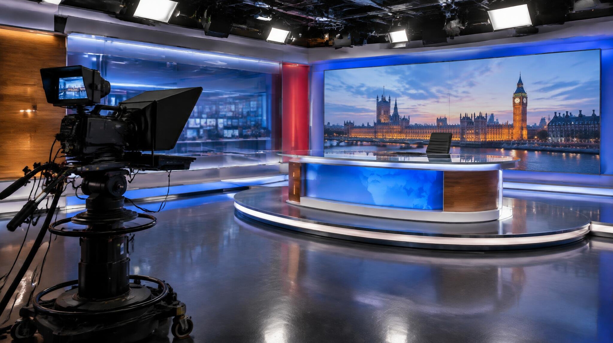 Broadcast camera and studio lights in a television studio