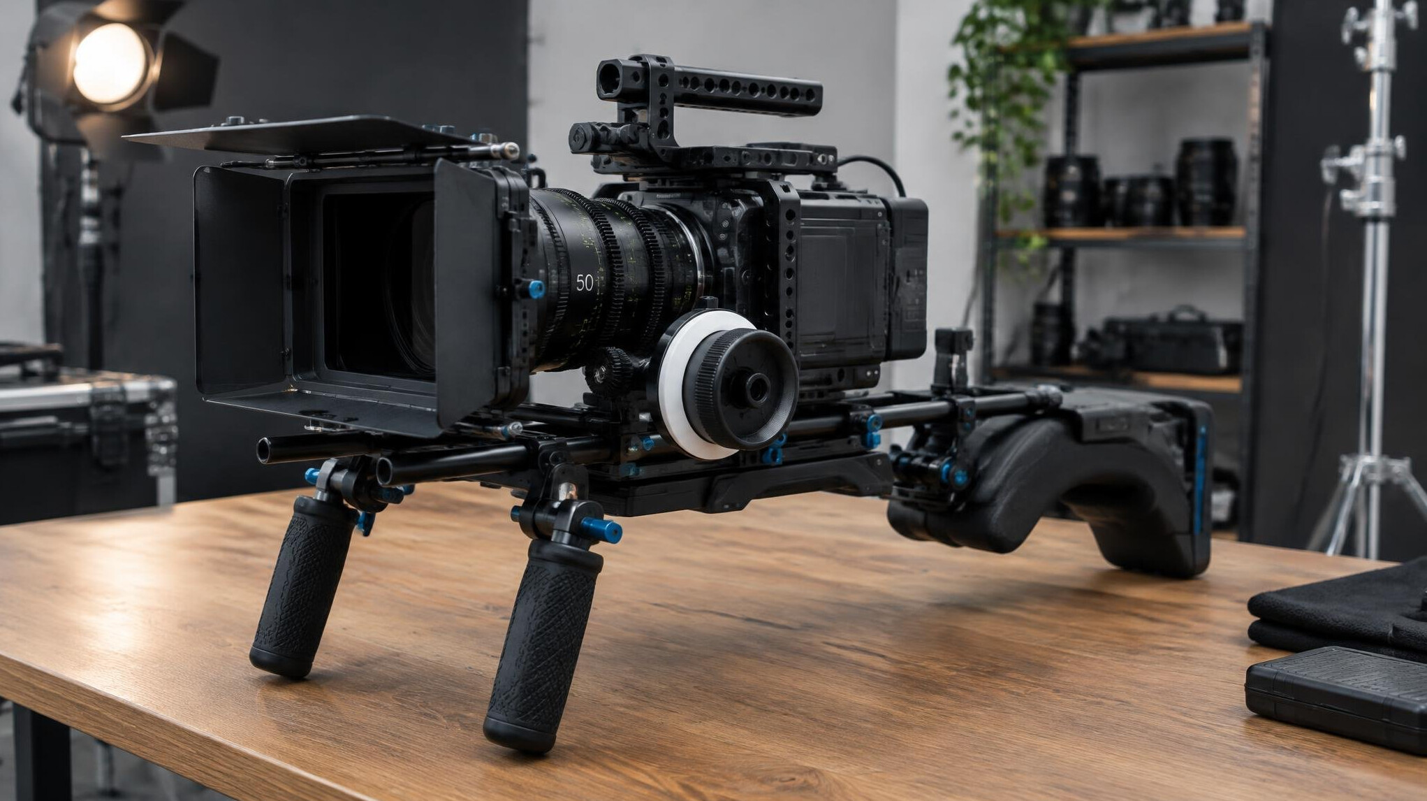 Cinema camera on a rig in a studio
