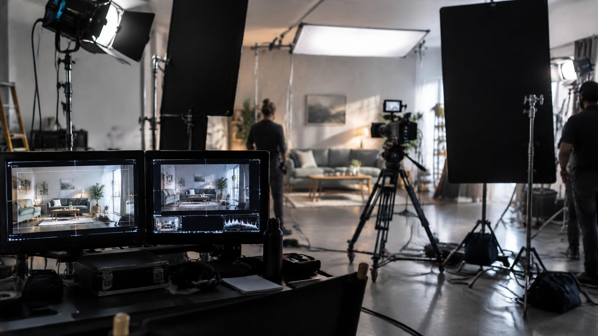 Film set with camera crew equipment and lights